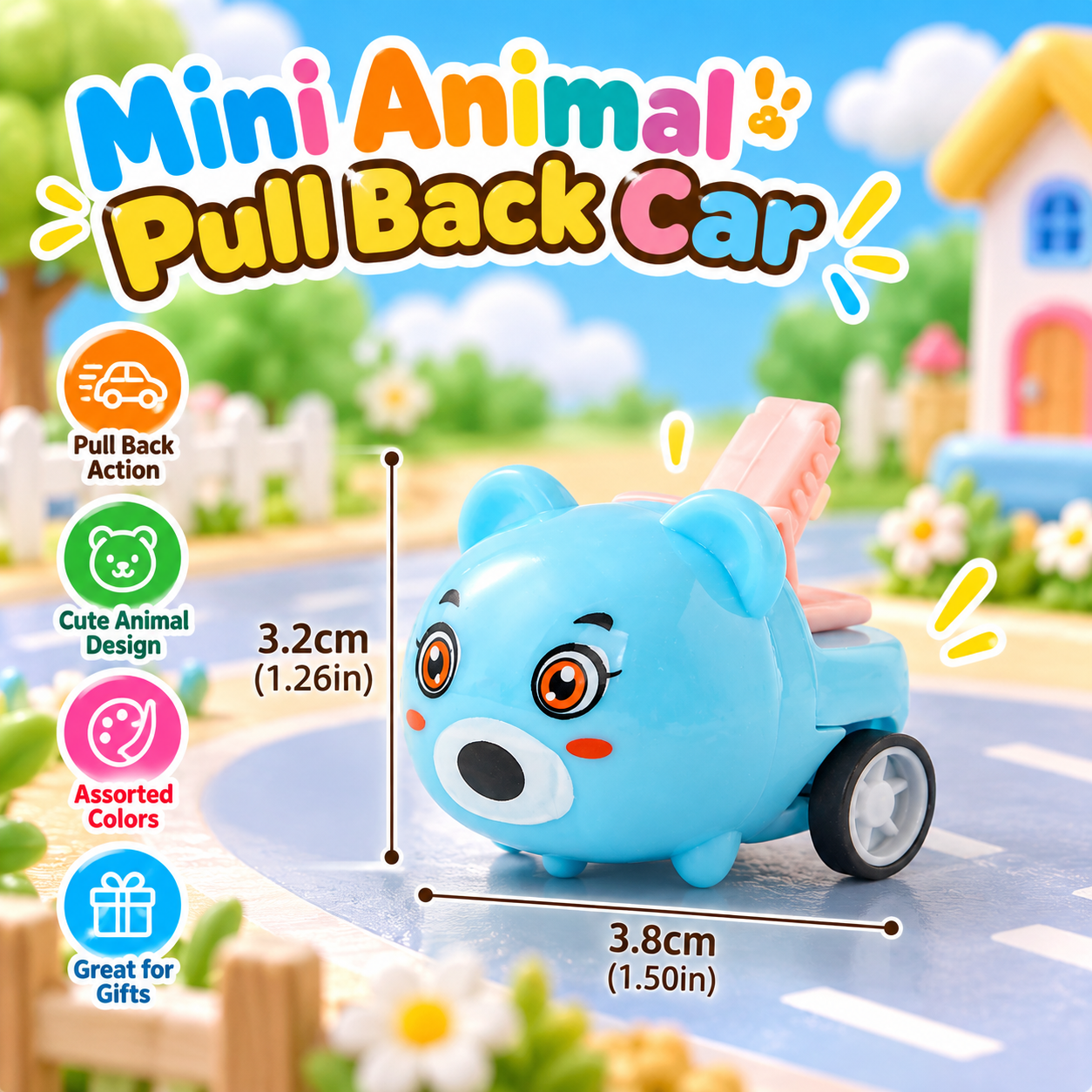 Blue cartoon animal pull back toy car