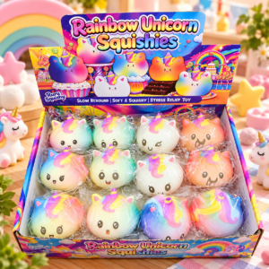 Rainbow unicorn squishy toys in 12 piece retail display box