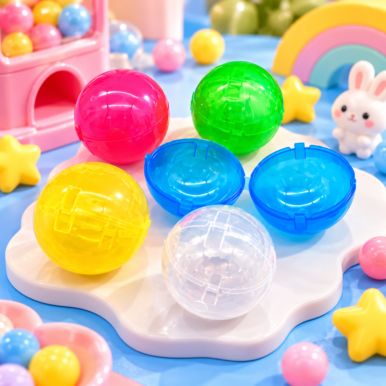 75mm hinged capsule shells in assorted transparent and bright colors