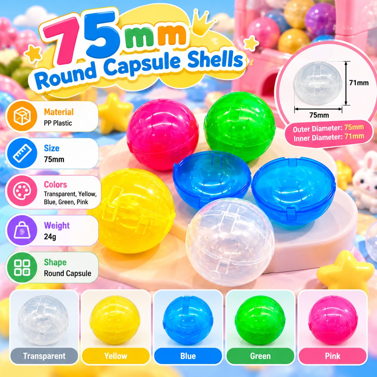 75mm hinged capsule shells specifications with 71mm inner diameter