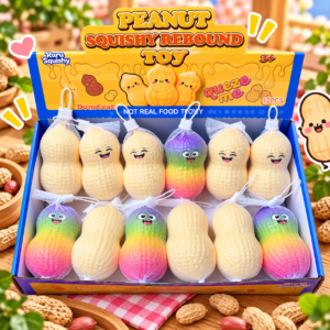 Peanut squishy toys in rainbow and cream colors with mesh packaging, PU slow rising stress relief toys