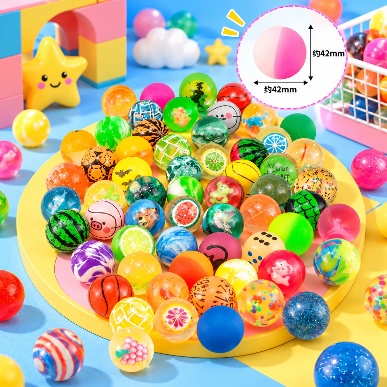 45mm assorted colorful rubber bouncy balls with mixed patterns for wholesale