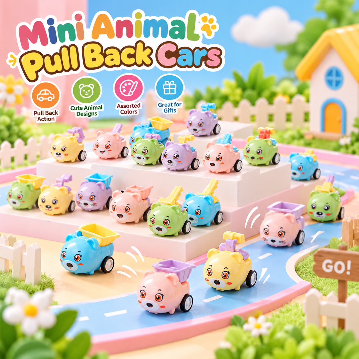 Mini animal pull back cars in assorted cartoon designs