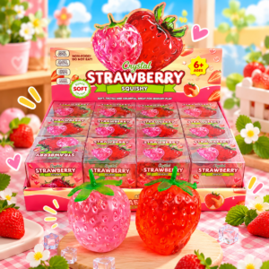 Pink and red crystal strawberry squishy toys with retail display packaging