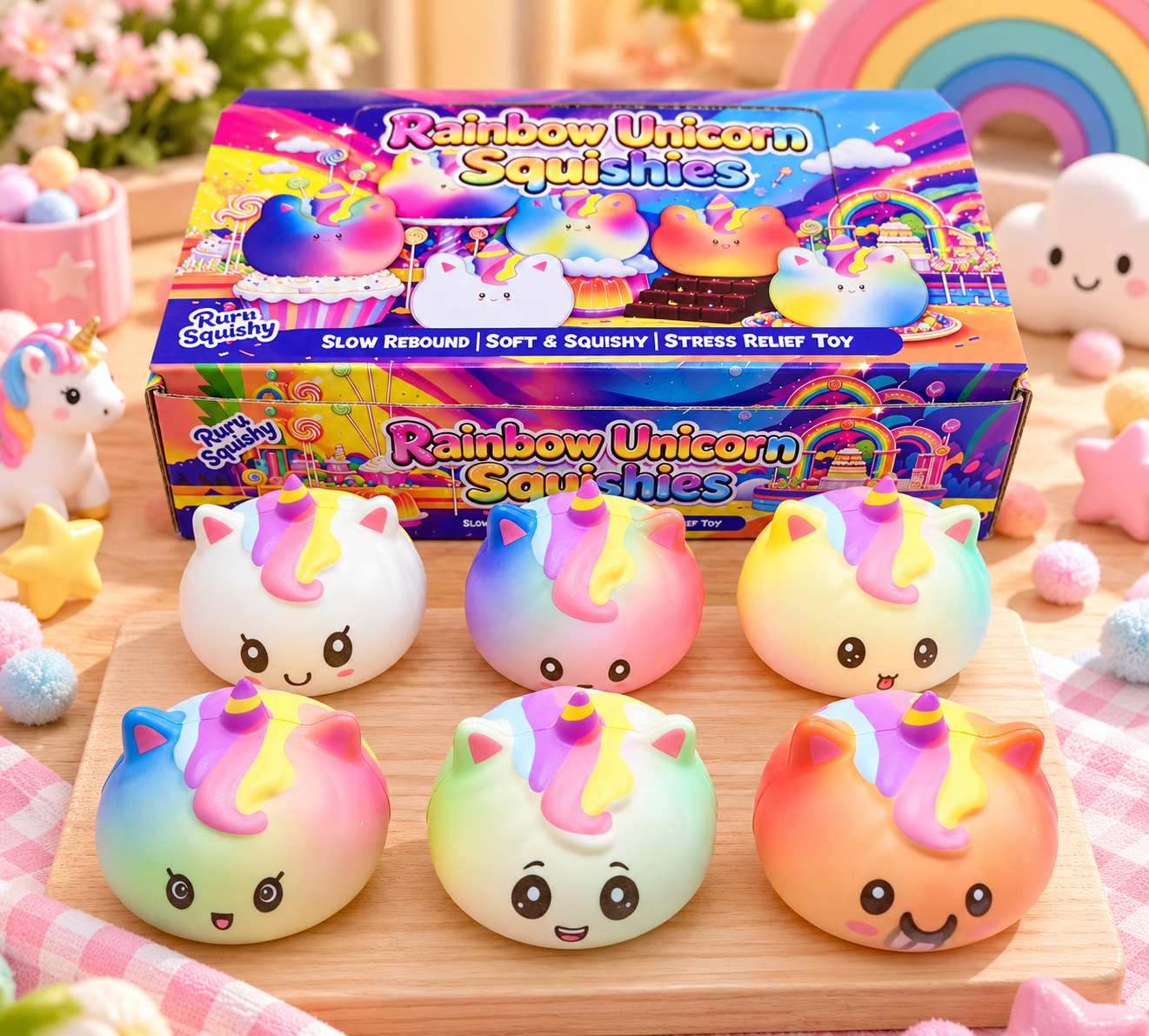 Assorted colorful unicorn squishy toys for wholesale