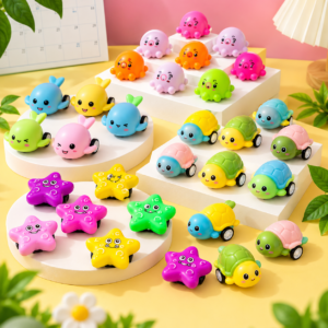 Mini ocean animal pull back toys in assorted colorful sea creature designs