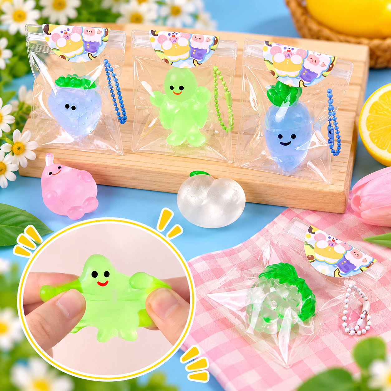 Mini fruit squishy toys in assorted colors with individual packaging and keychains