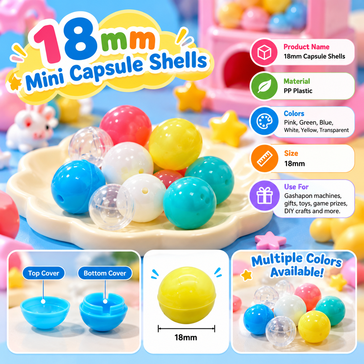18mm mini capsule shells in assorted colors made from PP plastic