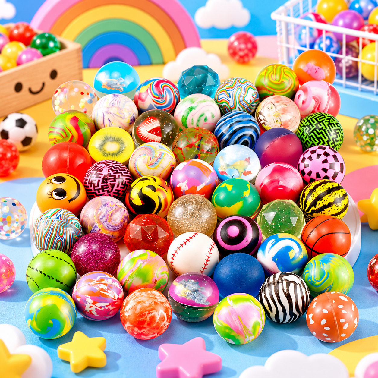 45mm assorted colorful rubber bouncy balls with mixed patterns for wholesale
